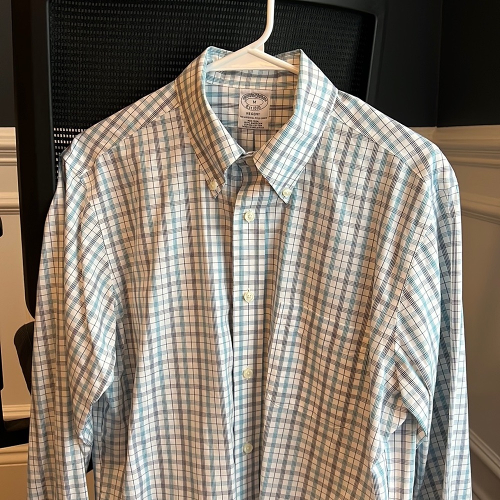 Brooks Brother non-iron sport shirt, teal/navy box, size medium regent fit.
